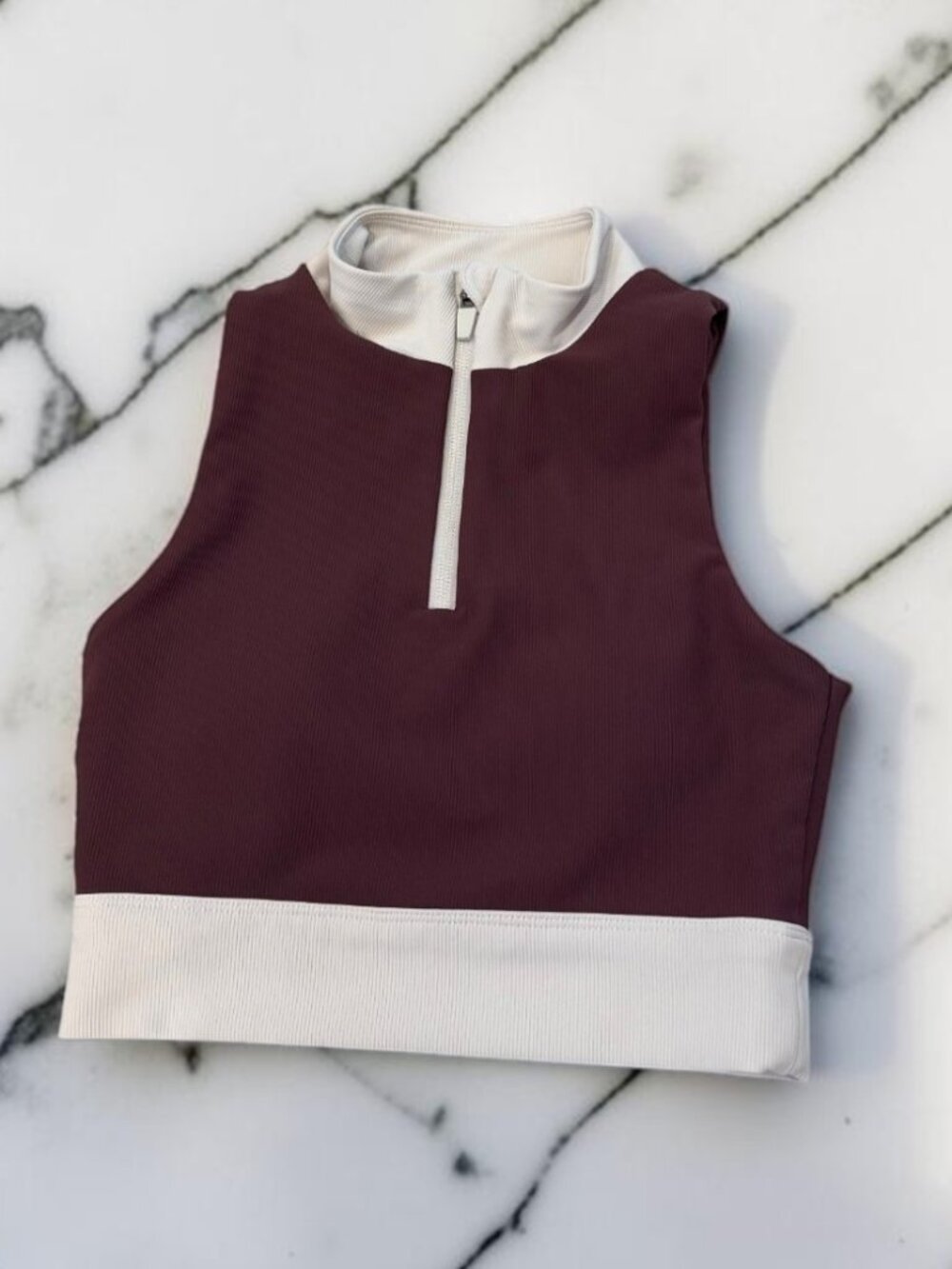 Wilo The Label Zip High Neck Athletic Crop Top Size Medium in Choco/Clay